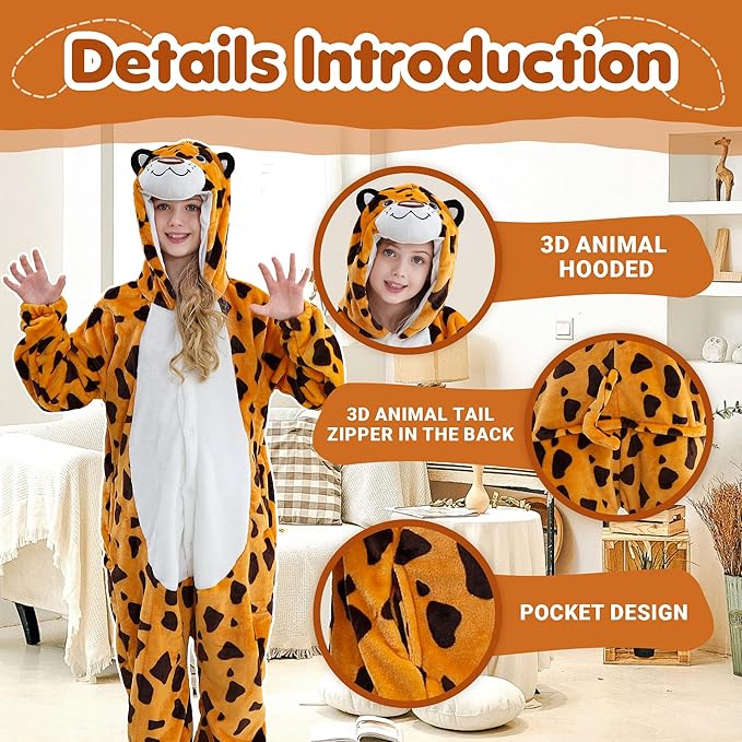 MICHLEY Kids Leopard Hooded Romper Flannel Halloween Cosplay Pajamas Costume