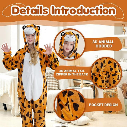 MICHLEY Kids Leopard Hooded Romper Flannel Halloween Cosplay Pajamas Costume