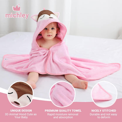 MICHLEY Pink Fox Bamboo Viscose Baby Hooded Towel Ultra-Soft