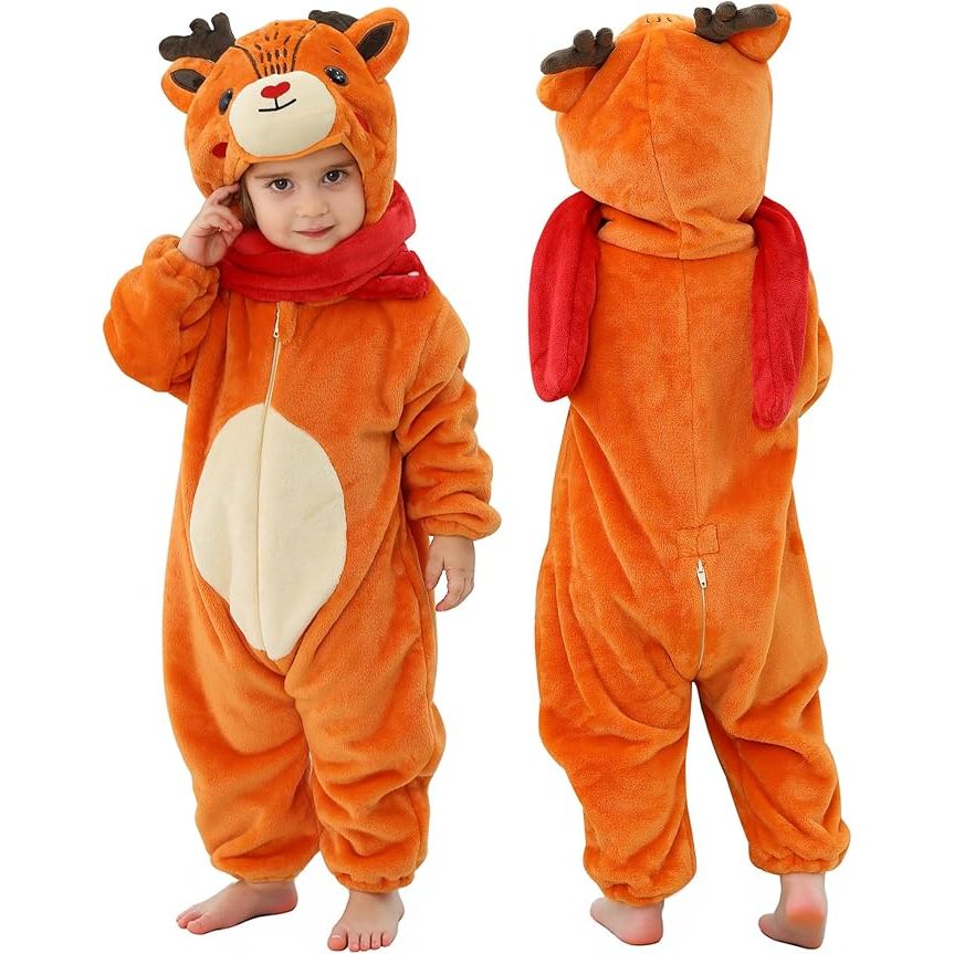 MICHLEY Reindeer Baby Costume Winter Flannel Hooded Romper