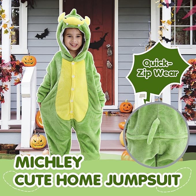 MICHLEY Kids Dinosaur Hooded Romper Flannel Halloween Cosplay Pajamas Costume