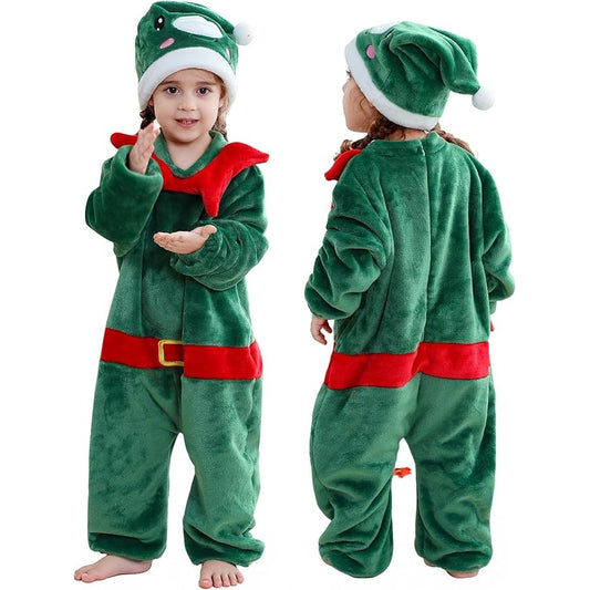 MICHLEY Baby Green Christmas Elf Flannel Romper with Separate Elf Hat Outfit Set