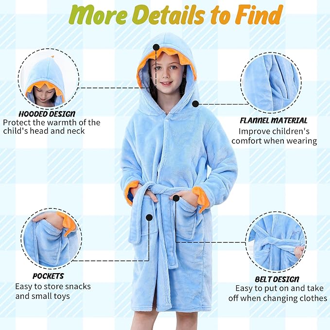 MICHLEY Kids Blue Dragon Hooded Bathrobe with Orange Spikes Flannel Sleepwear