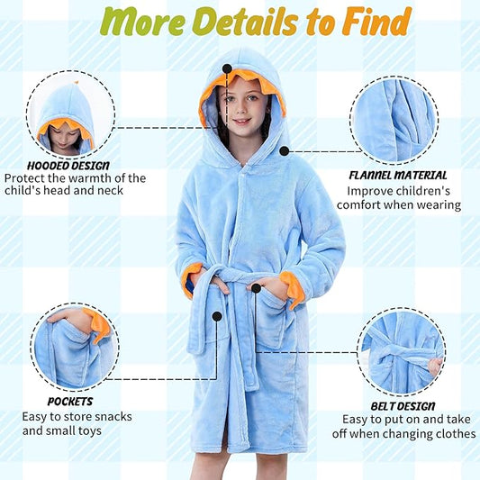 MICHLEY Kids Blue Dragon Hooded Bathrobe with Orange Spikes Flannel Sleepwear