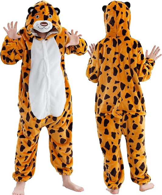 MICHLEY Kids Leopard Hooded Romper Flannel Halloween Cosplay Pajamas Costume