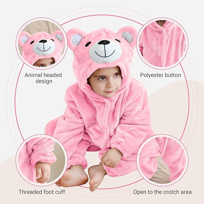 MICHLEY Baby Adorable Pink Bear Hooded Romper Soft Flannel Animal Costume