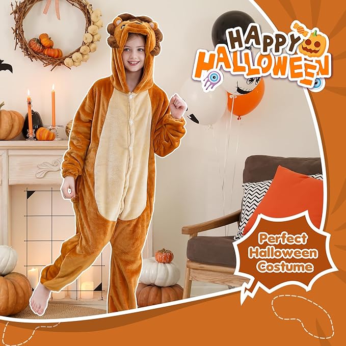 MICHLEY Kids Lion Hooded Romper Flannel Halloween Cosplay Pajamas Costume