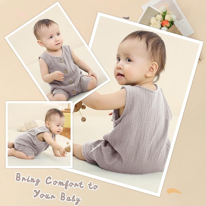 MICHLEY Baby Sleeveless Summer Cotton Romper Unisex Toddler Jumpsuit (Coffee)