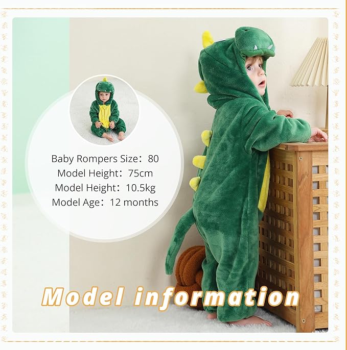MICHLEY Green Dinosaur Baby Costume Winter Flannel Hooded Romper