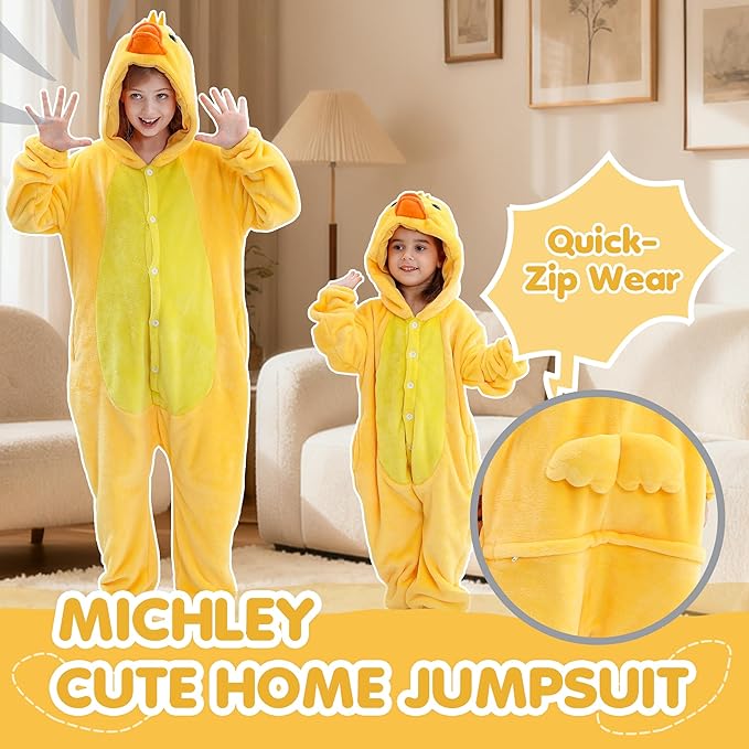 MICHLEY Kids Yellow Duck Hooded Romper Flannel Halloween Cosplay Pajamas