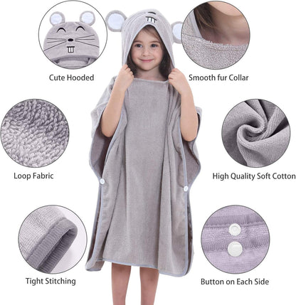 MICHLEY Kids Grey Mouse Hooded Bath Poncho Soft Cotton Towel Cape
