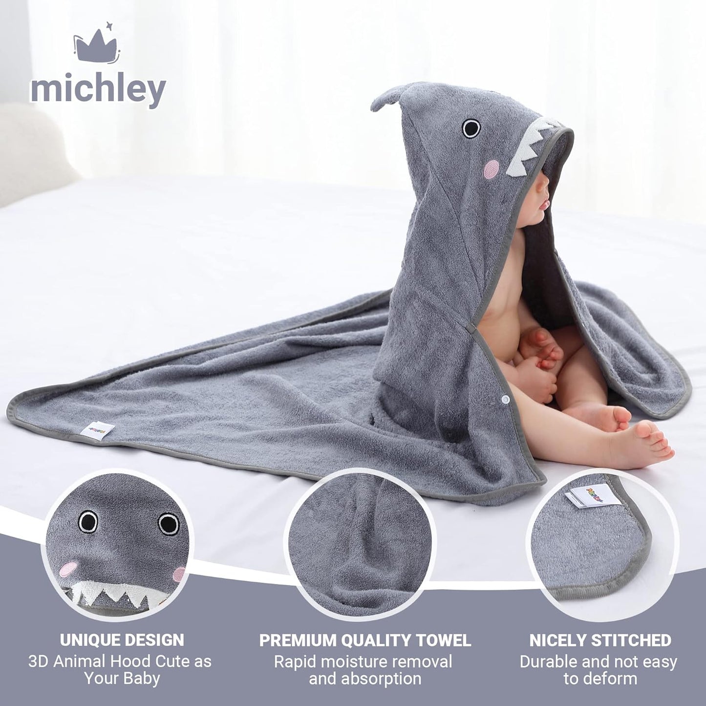 MICHLEY Shark Bamboo Viscose Baby Hooded Towel Ultra-Soft 29.5"x39.5"