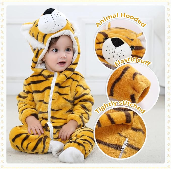 MICHLEY Baby Tiger Costume | Flannel Safari Animal Romper