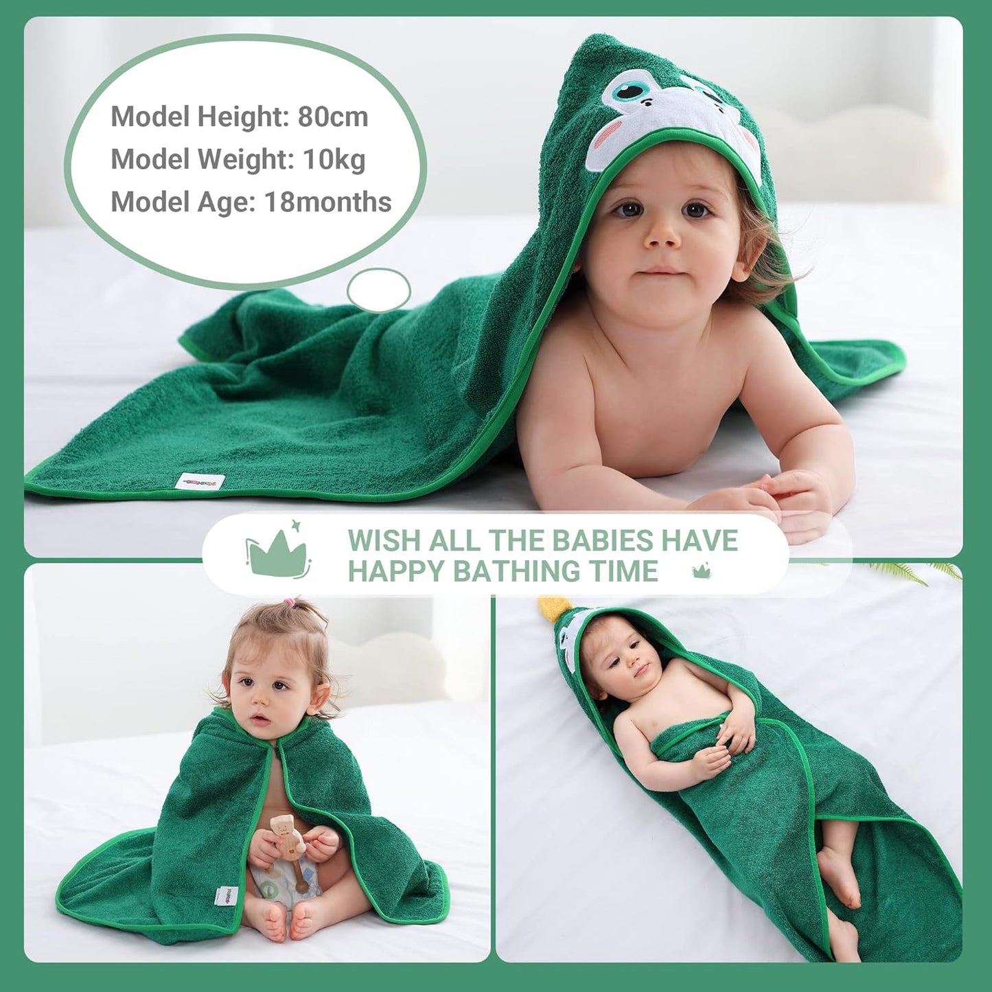 MICHLEY Green Dinosaur Bamboo Viscose Baby Hooded Towel Ultra-Soft 29.5"x29.5"