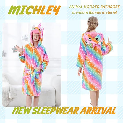 MICHLEY Kids Rainbow Unicorn Hooded Bathrobe Soft Flannel Animal Sleepwear