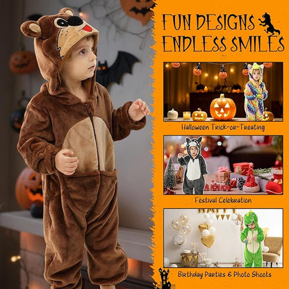 MICHLEY Baby Brown Kangaroo Hooded Romper Flannel Animal Costume