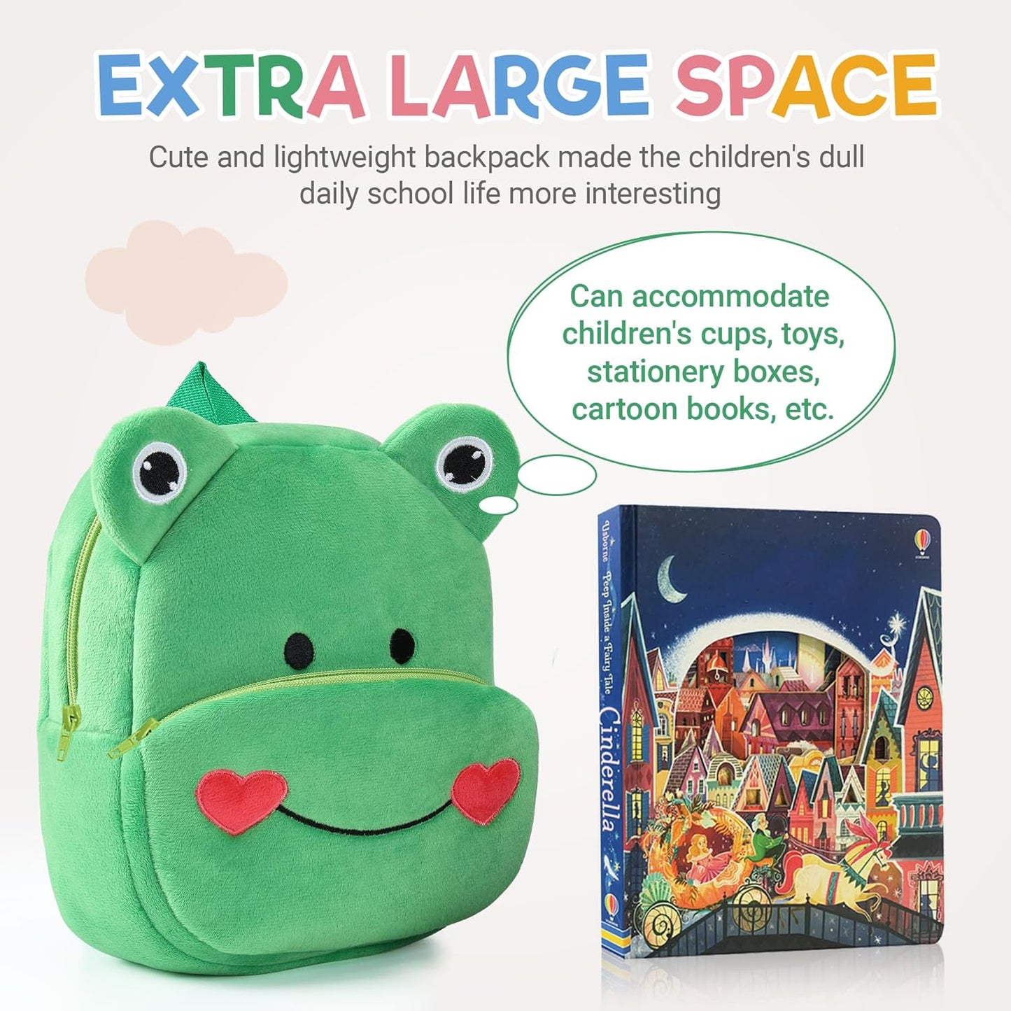 MICHLEY Kids Green Frog Plush Animal Backpack Soft Kindergarten School Bag