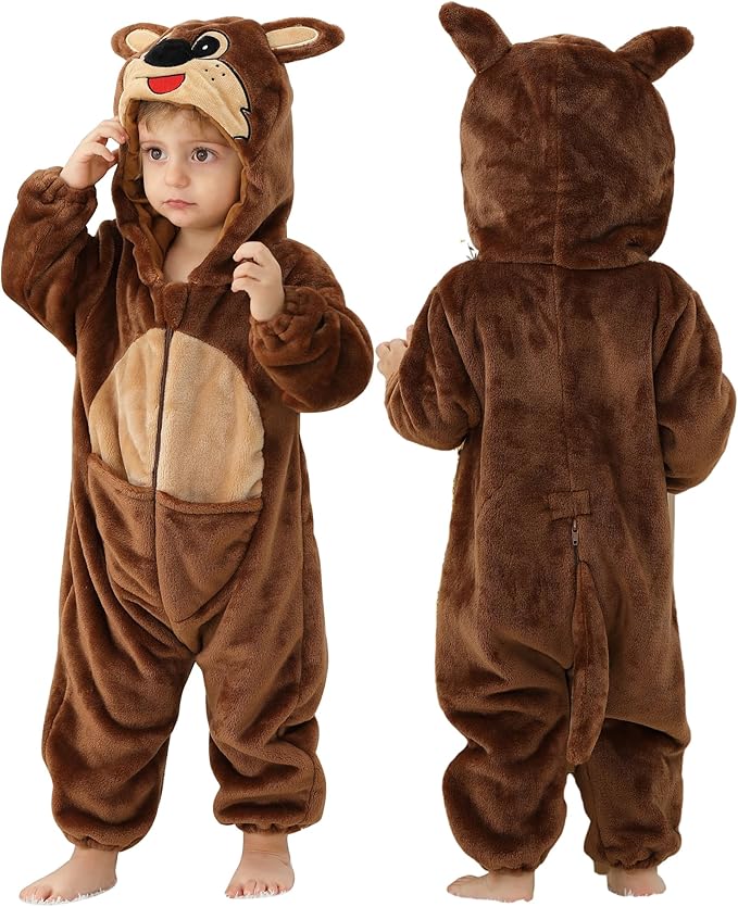 MICHLEY Baby Brown Kangaroo Hooded Romper Flannel Animal Costume