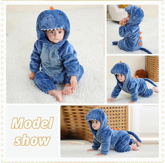 MICHLEY Blue Dinosaur Baby Costume Winter Flannel Hooded Romper