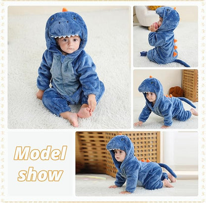 MICHLEY Blue Dinosaur Baby Costume Winter Flannel Hooded Romper