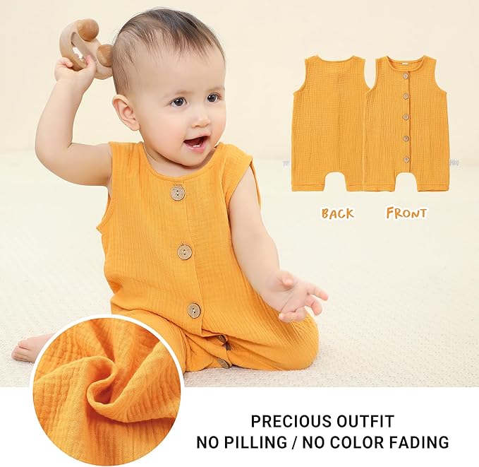 MICHLEY Baby Sleeveless Summer Cotton Romper Unisex Toddler Jumpsuit (Yellow)