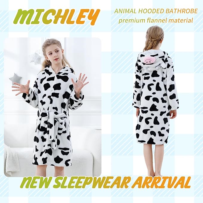 MICHLEY Kids Cow Hooded Bathrobe Soft Flannel Animal Sleepwear