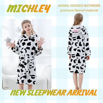 MICHLEY Kids Cow Hooded Bathrobe Soft Flannel Animal Sleepwear