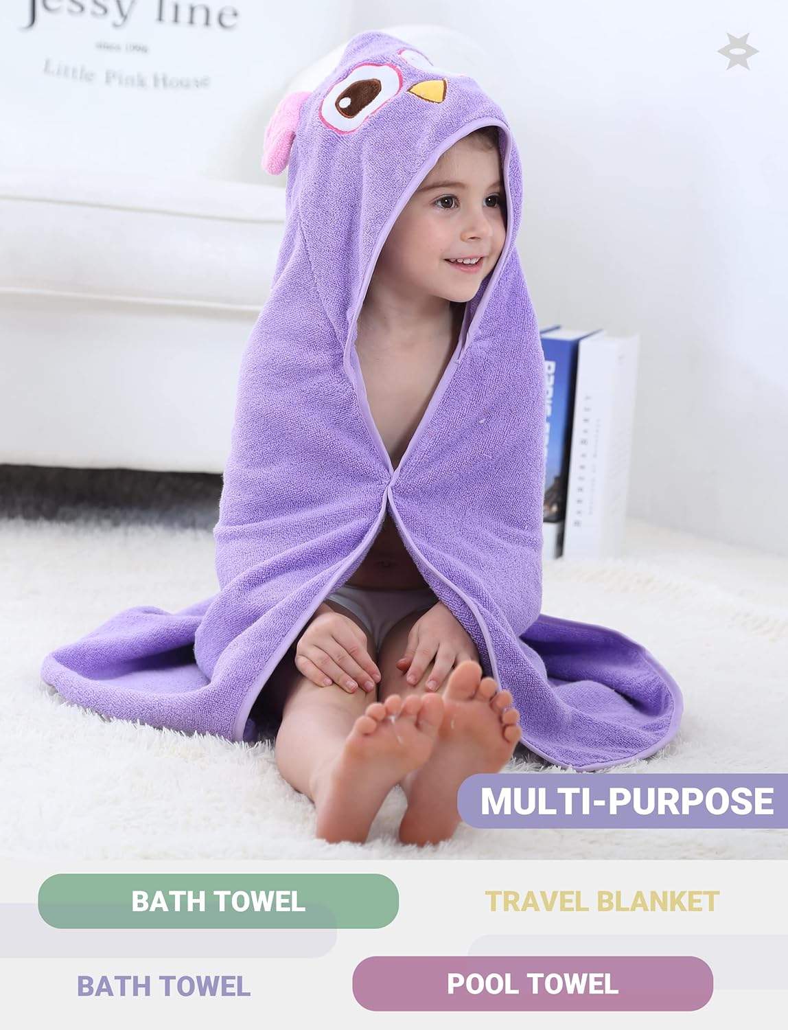 MICHLEY Baby Purple Owl Hooded Bathrobe Soft Cotton Towel Robe
