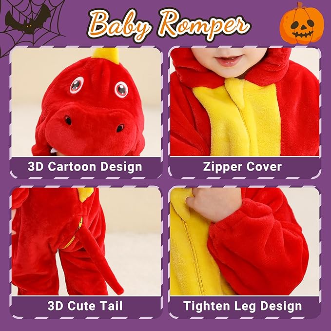 MICHLEY Red Dinosaur Baby Costume Winter Flannel Hooded Romper