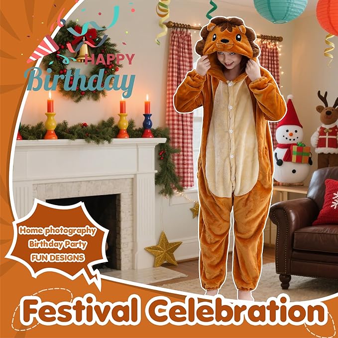 MICHLEY Kids Lion Hooded Romper Flannel Halloween Cosplay Pajamas Costume