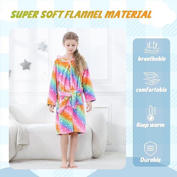 MICHLEY Kids Rainbow Unicorn Hooded Bathrobe Soft Flannel Animal Sleepwear