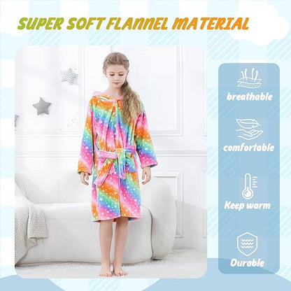 MICHLEY Kids Rainbow Unicorn Hooded Bathrobe Soft Flannel Animal Sleepwear