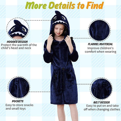 MICHLEY Kids Blue Shark Hooded Bathrobe Soft Flannel Animal Sleepwear