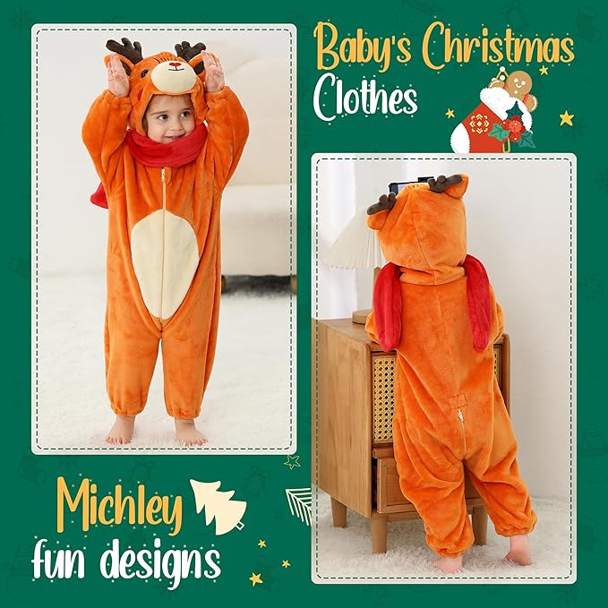MICHLEY Reindeer Baby Costume Winter Flannel Hooded Romper