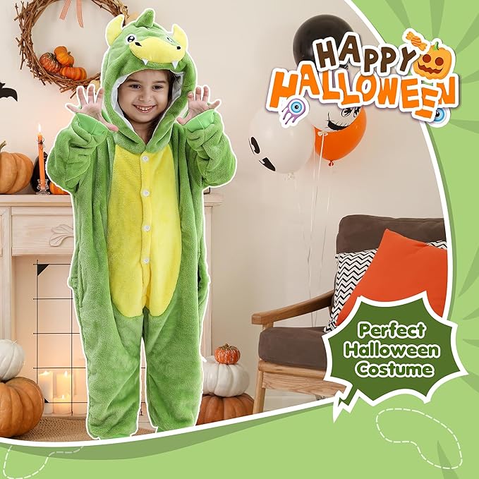 MICHLEY Kids Dinosaur Hooded Romper Flannel Halloween Cosplay Pajamas Costume