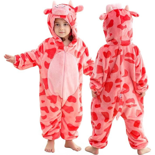 MICHLEY Baby Pink Cow Hooded Romper Rose Pink Spotted Animal Costume
