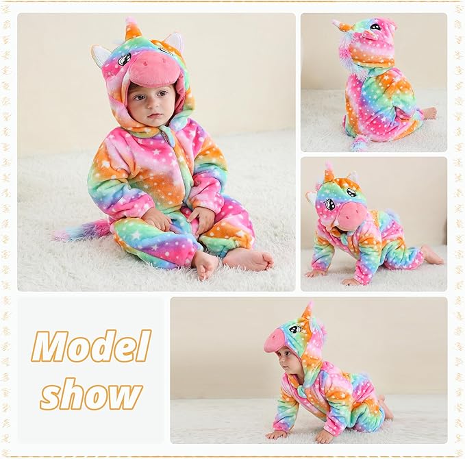 MICHLEY Rainbow Unicorn Baby Costume Winter Flannel Hooded Romper