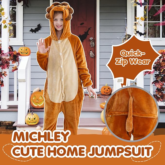MICHLEY Kids Lion Hooded Romper Flannel Halloween Cosplay Pajamas Costume