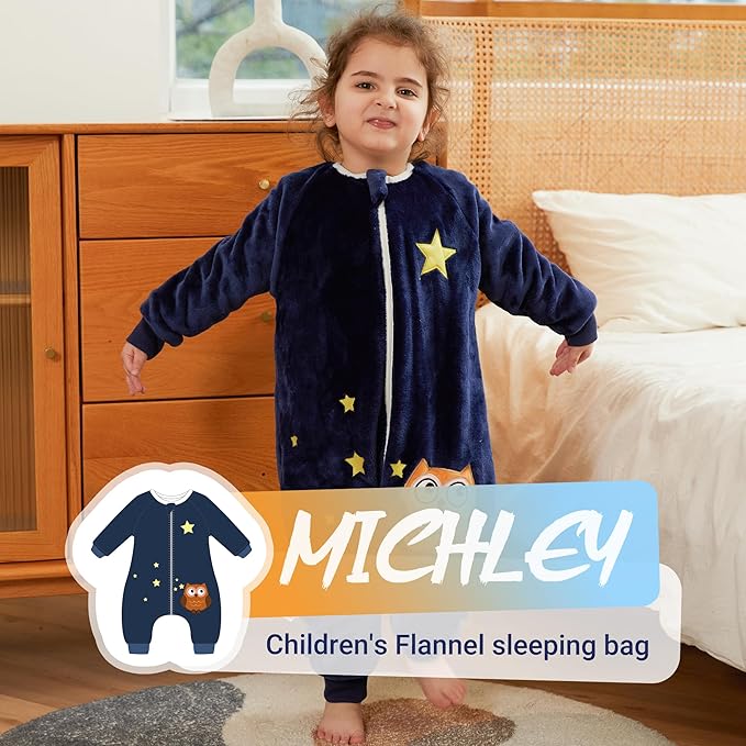 MICHLEY Kids Owl Sleep Sack – Blue Flannel Wearable Pajamas with Legs