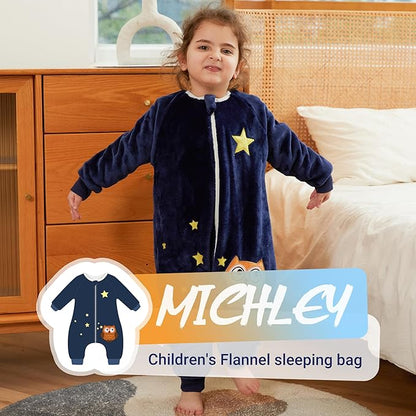 MICHLEY Kids Owl Sleep Sack – Blue Flannel Wearable Pajamas with Legs