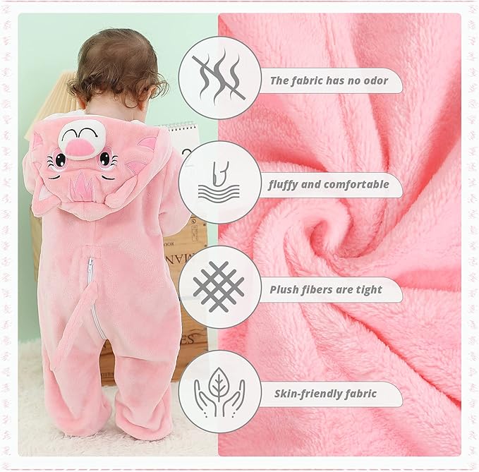 MICHLEY Pink Cat Baby Costume Winter Flannel Hooded Romper
