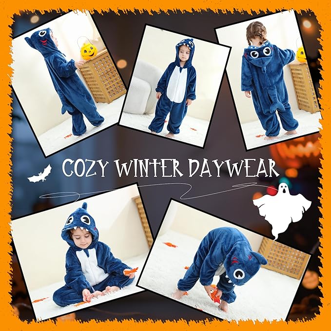 MICHLEY Baby Blue Shark Hooded Romper Flannel Animal Costume