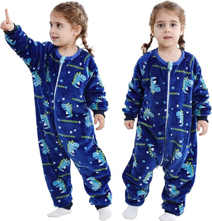 MICHLEY Toddler Flannel Sleeping Sack with Feet Blue Dinosaur Print Wearable Blanket