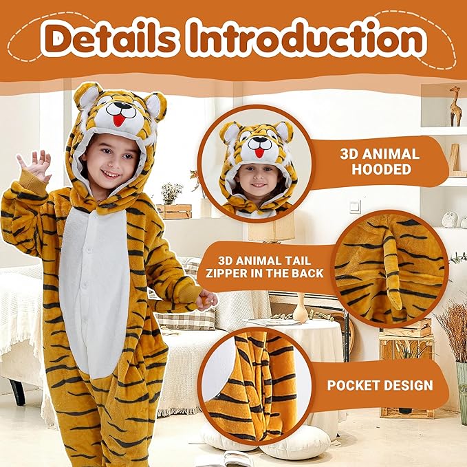 MICHLEY Kids Tiger Hooded Romper Flannel Halloween Cosplay Pajamas Costume