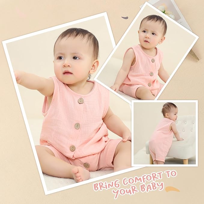 MICHLEY Baby Sleeveless Summer Cotton Romper Unisex Toddler Jumpsuit (Pink)