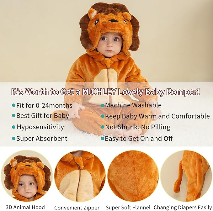 MICHLEY Baby Lion Hooded Romper Infant Toddler Animal Costume Jumpsuit