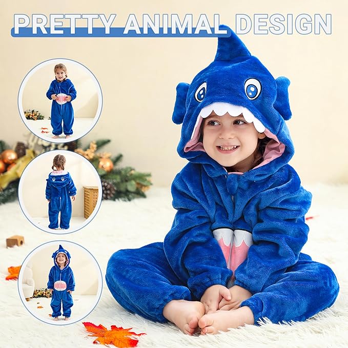 MICHLEY Baby Blue Big-Toothed Shark Romper Soft Flannel Animal Costume