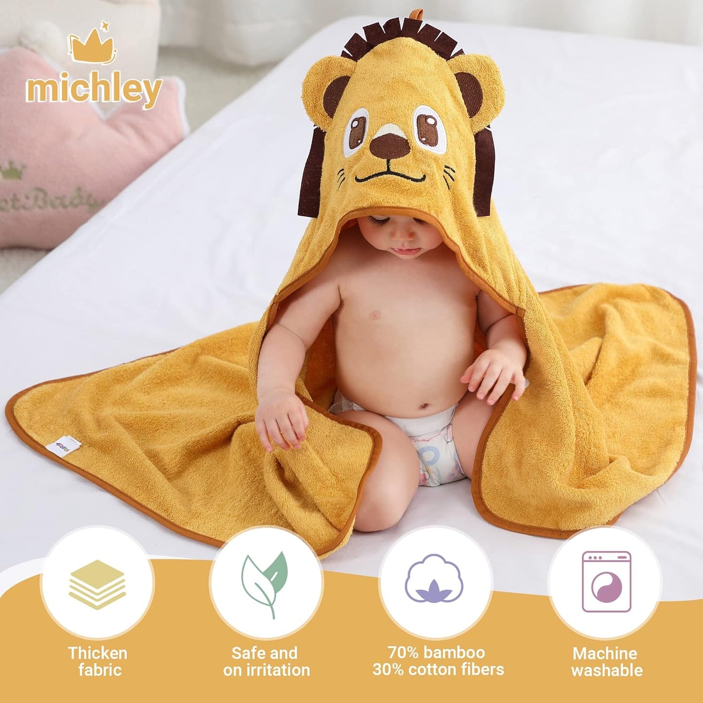 MICHLEY Lion Bamboo Viscose Baby Hooded Towel Ultra-Soft