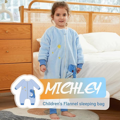 MICHLEY Blue Dinosaur Kids Sleep Bag – Flannel Toddler Pajamas for Play & Cozy Nights