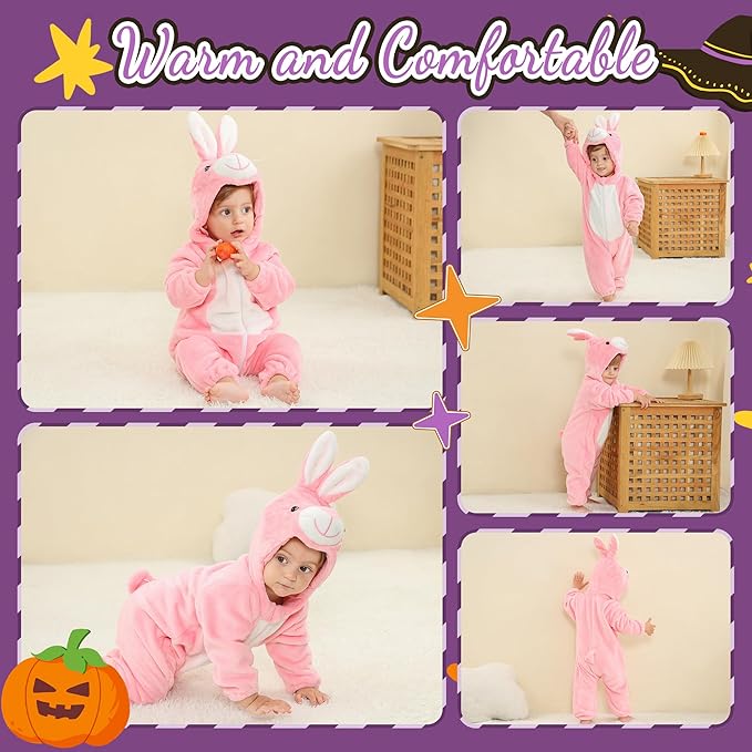MICHLEY Pink Bunny Baby Costume Winter Flannel Hooded Romper